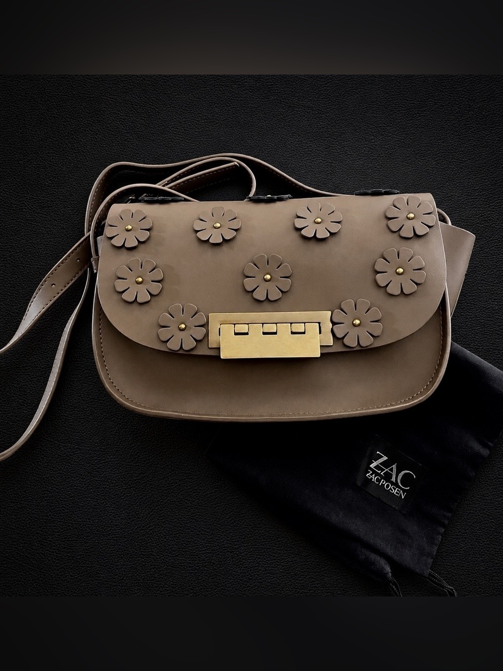 ZAC POSEN Eartha Flower Accents Leather Crossbody Bag Tan Antiqued Gold Hardware